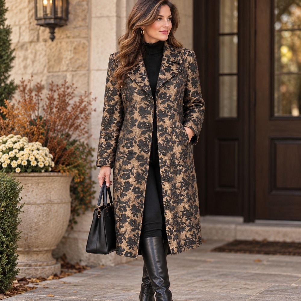 George Brocade Trench Coat Black Copper Floral Metallic Jacquard Whimsigoth  12